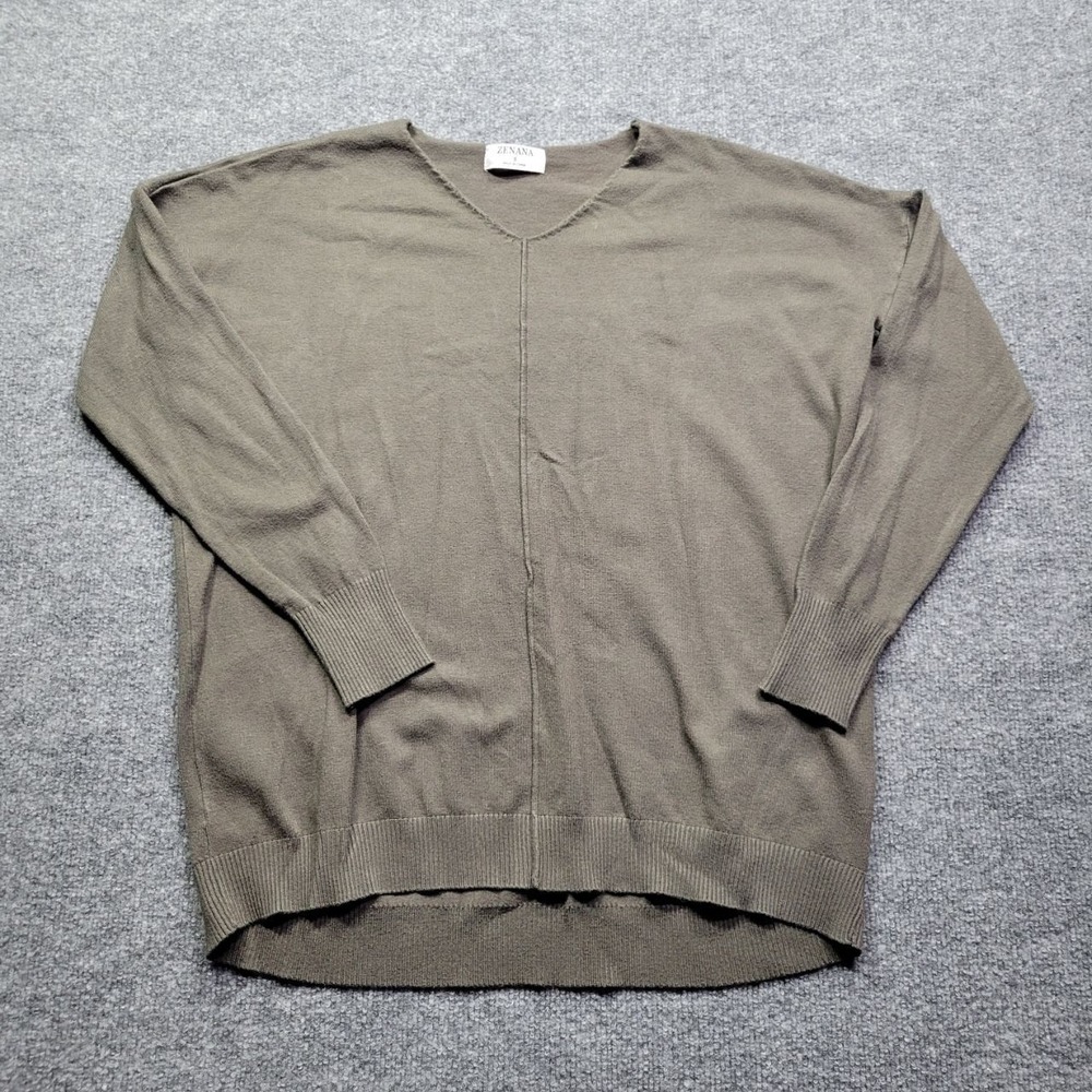 Zenana Womens Small Olive Green Knit V Neck Long‎ Sleeve Tunic Sweater
